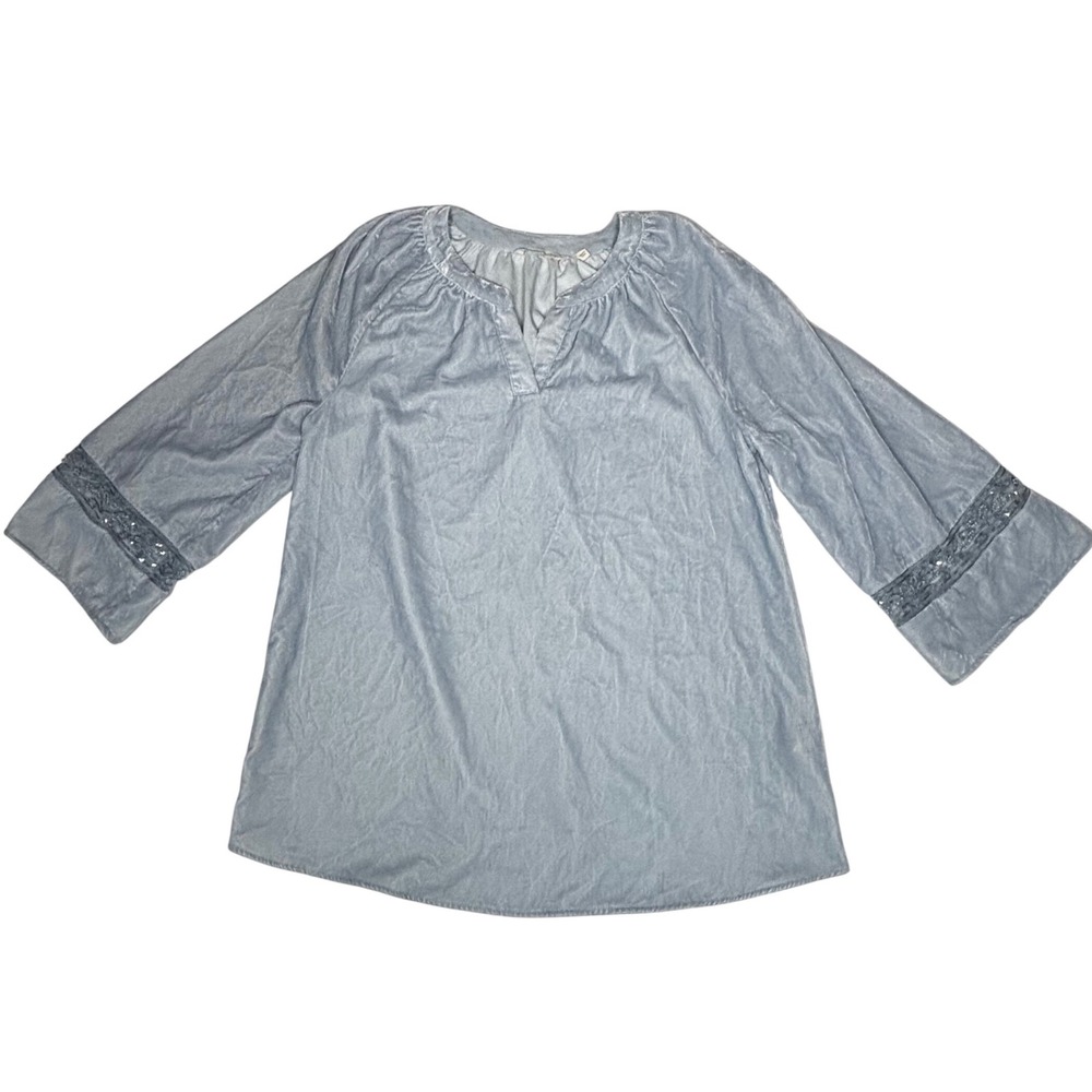 Whimsigoth Velvet Bell Sleeve Dress Blue Beaded Embellished Tunic Top Size L